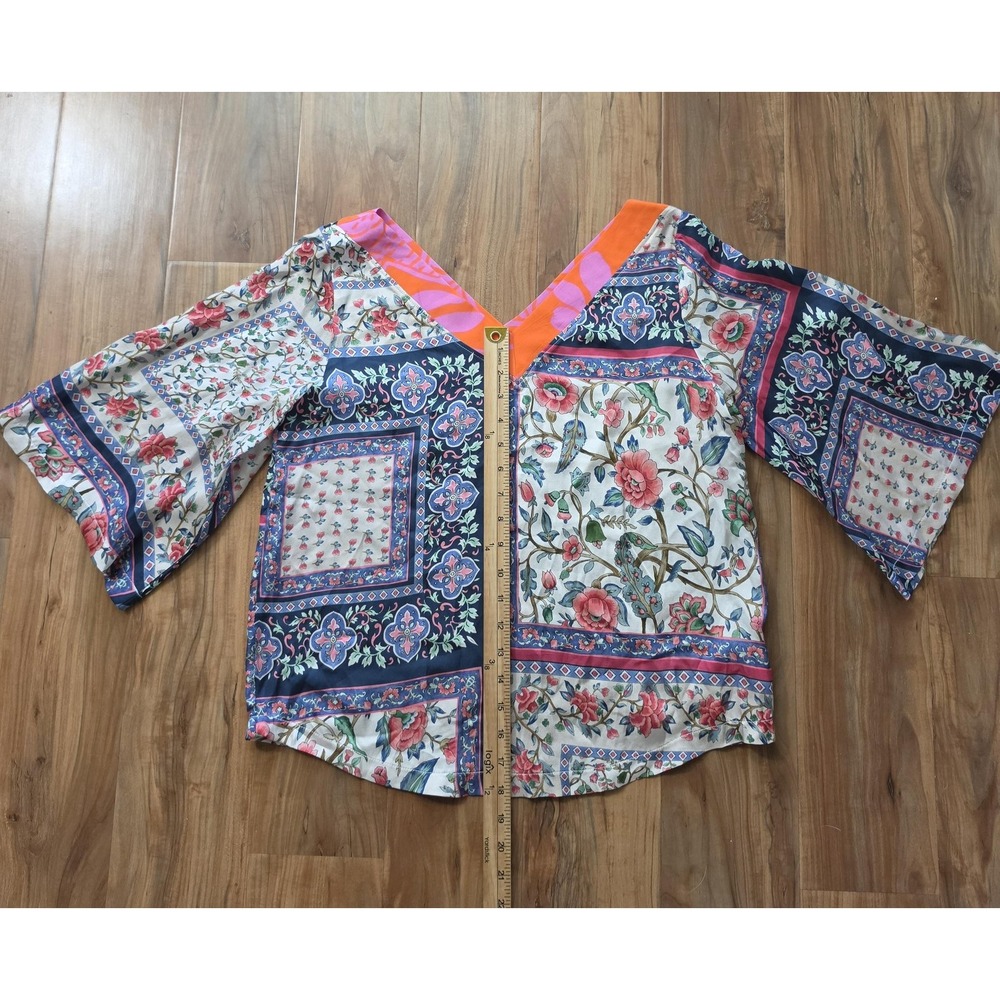 Aldo Martins Gina Top Blouse Eclectic Multicolor Floral Boho Kimono Foulard Top - Picture 5 of 9